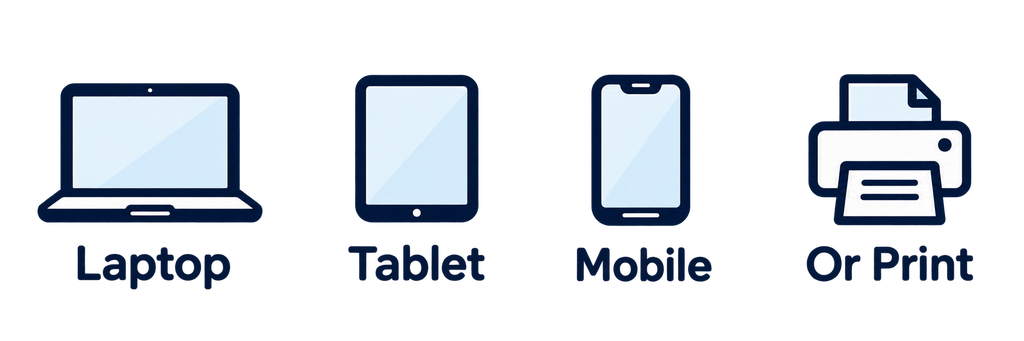 laptop, tablet, mobile or print